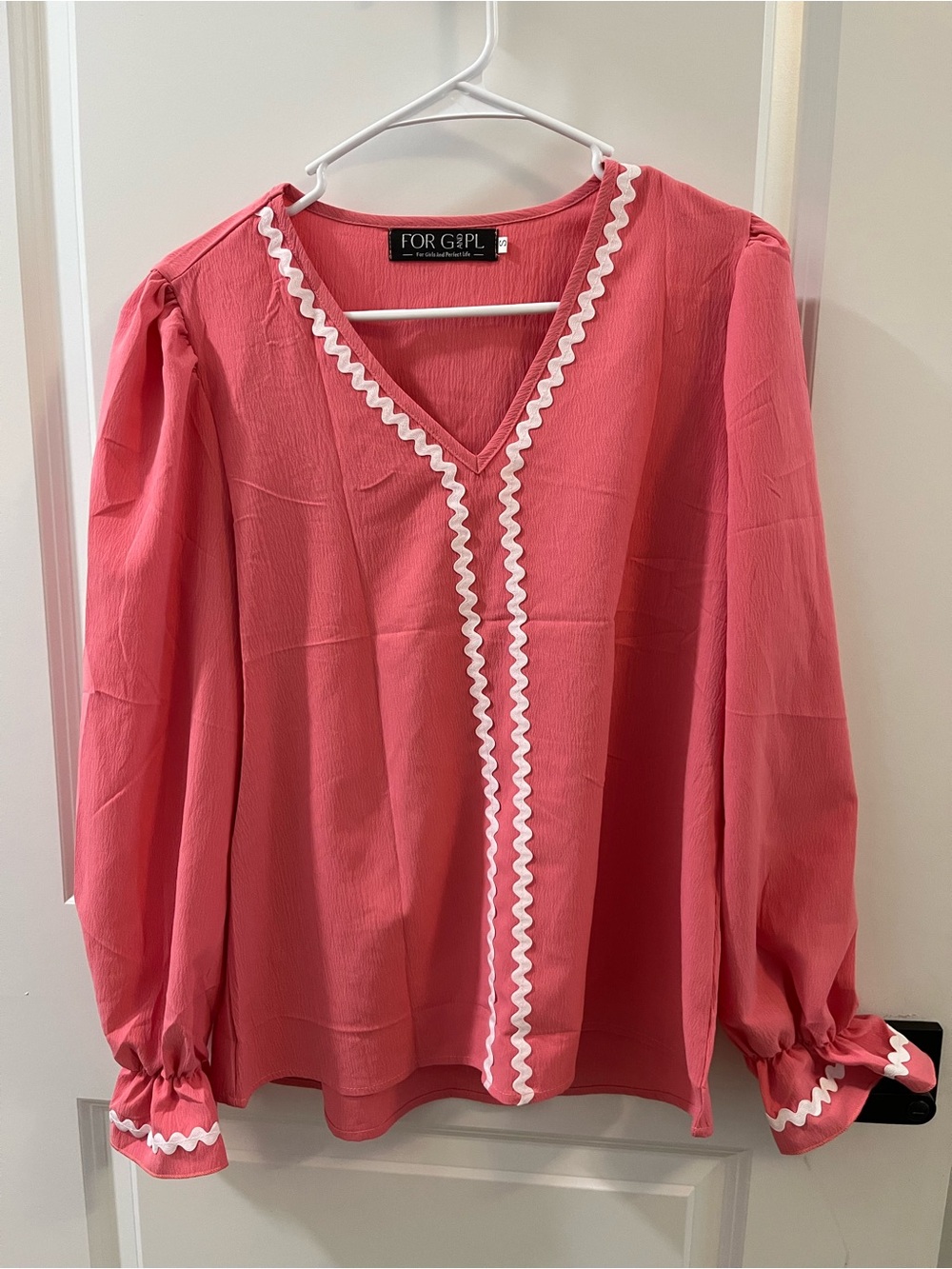Pink V-Neck Long Sleeve Blouse with White Trim